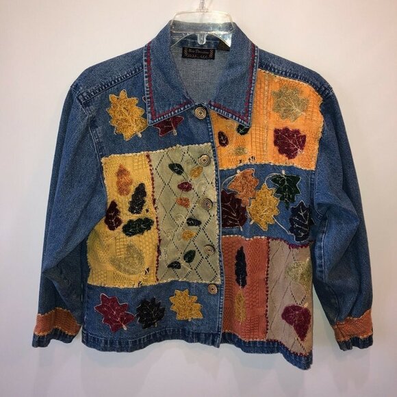 New Direction Womens Medium Blue Embroidered Leaves Button Up Denim Jean Jacket - Picture 4 of 11